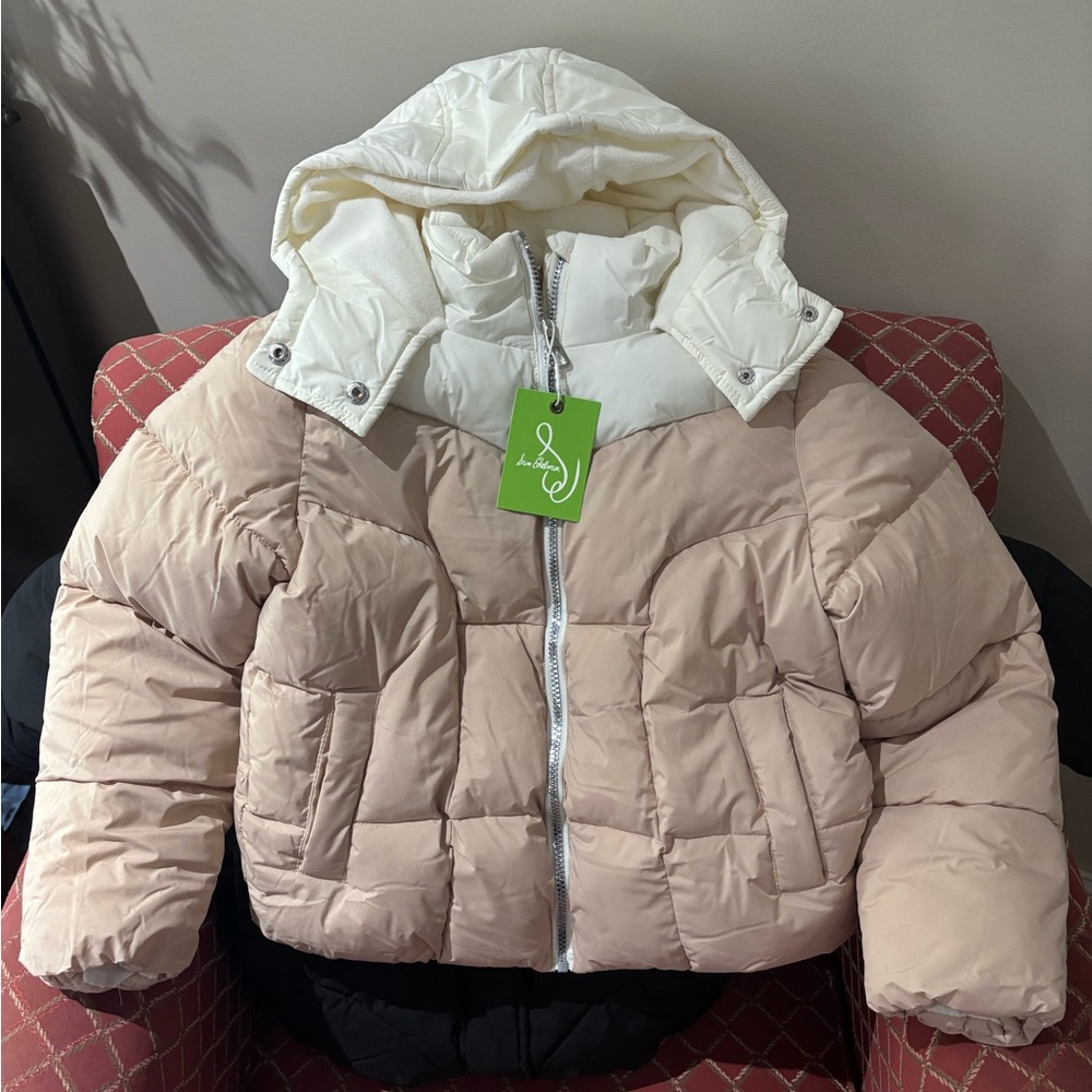 Sam Edelman Blush Pink and Cream Cropped Puffer Jacket